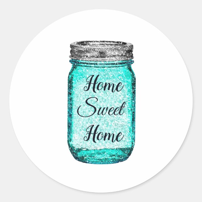 Pegatina Redonda Hogar dulce hogar acuarela Verde azulada Mason Jar (Anverso)