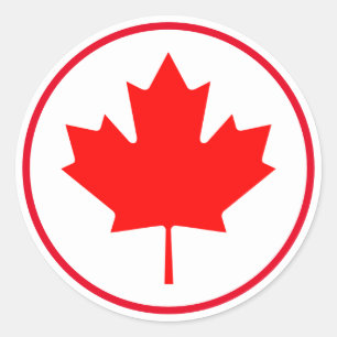 Pegatina Redonda Hoja de arce canadiense brillante Canadá Rojo Blan