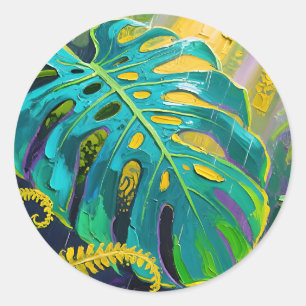 Pegatina Redonda Hoja de Monstera Selva Lluvia