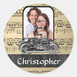 Pegatina Redonda Hoja de música y auto vintage