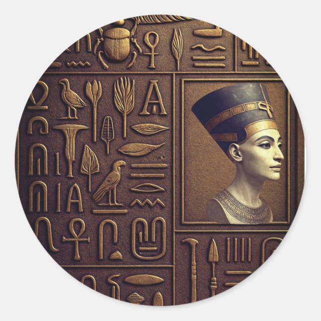 Pegatina Redonda Hoja de Pegatinas Nefertiti Hieroglyph (Anverso)