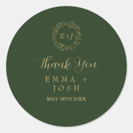 Pegatina Redonda Hoja mínima | Boda de monograma formal verde oscur