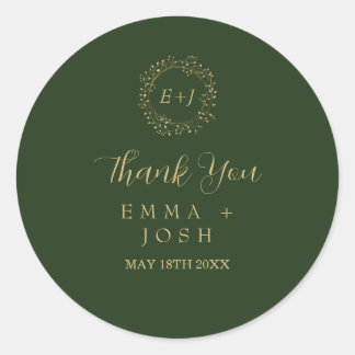 Pegatina Redonda Hoja mínima | Boda de monograma formal verde oscur