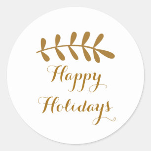 Pegatina Redonda Hoja Rustica Dorada Elegante Blanco Simple