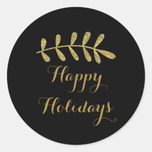 Pegatina Redonda Hoja Rustica Dorada Elegante Caída Sencilla Negra