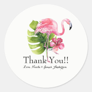 Pegatina Redonda Hoja Tropical Hibiscus Flamingo Favor de la Boda