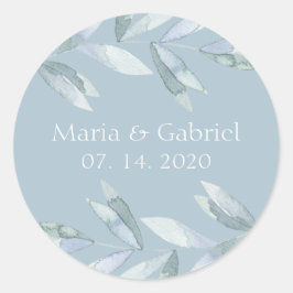 Pegatina Redonda Hojas azul turbias boda personalizado
