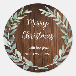 Pegatina Redonda Hojas de acuarela madera rústica Feliz Navidad