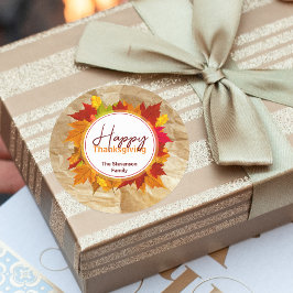 Pegatina Redonda Hojas de Arce de Otoño Sobre Textura de Papel Día 