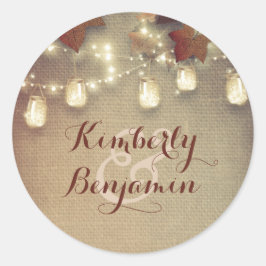 Pegatina Redonda Hojas de arce y Boda ruso de Mason Jar Lights