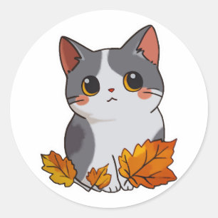 Pegatina Redonda Hojas de caída de gato lindo de Anime