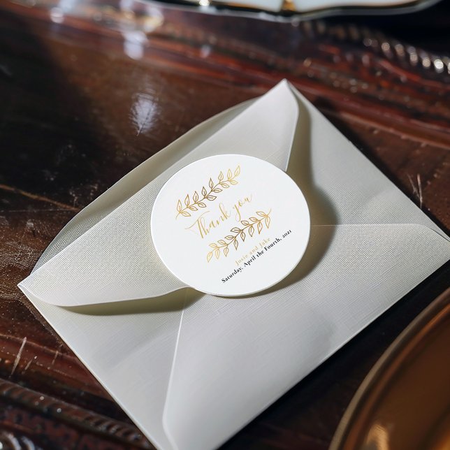 Pegatina Redonda Hojas de efecto oro y ramas boda gracias (These gold effect pretty leaves and branches wedding thank you stickers)