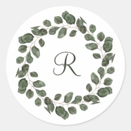 Pegatina Redonda Hojas de eucalipto elegantes modernas con monogram