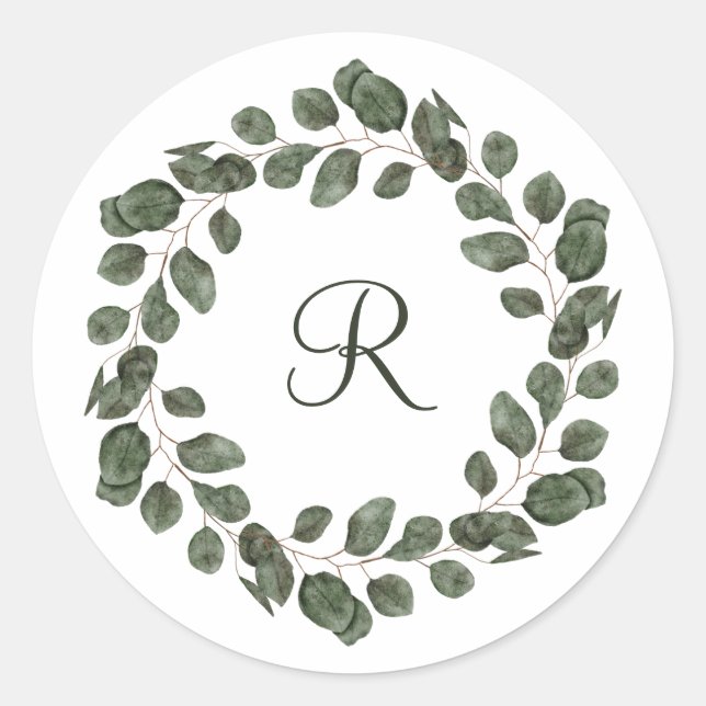 Pegatina Redonda Hojas de eucalipto elegantes modernas con monogram (Anverso)