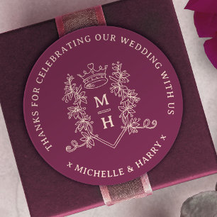 Pegatina Redonda Hojas de la corona dibujadas monograma boda rojo p