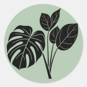 Pegatina Redonda Hojas de Monstera Minimalista Tropical Verde Musgo