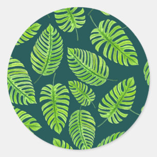 Pegatina Redonda Hojas de monstera, patrón de acuarela tropical