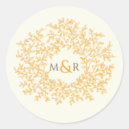 Pegatina Redonda Hojas de naranja de caída en monograma de boda bla