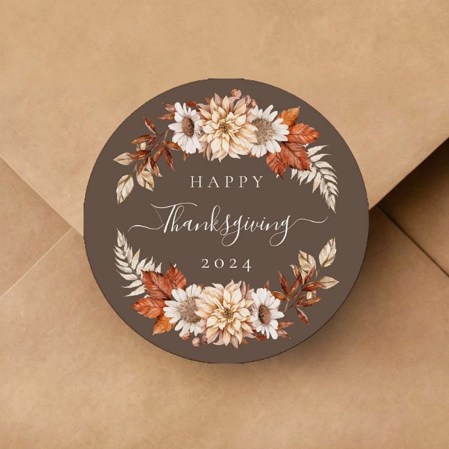 Pegatina Redonda Hojas de Otoño Marrón Rústico Día de Acción de Gra (Rustic Brown Fall Leaves Thanksgiving Classic Round Sticker)