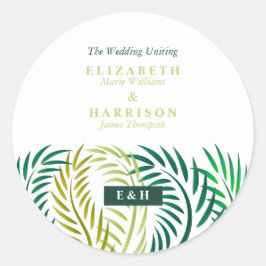 Pegatina Redonda Hojas de palmeras tropicales, bodas en la playa