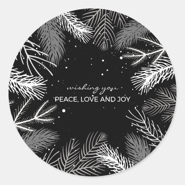 Pegatina Redonda Hojas de pino blanco y negro con nieve (Anverso)
