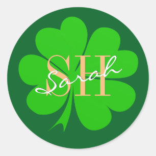Pegatina Redonda Hojas de trébol de suerte monogramadas, Shamrock /