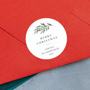 Pegatina Redonda Hojas de Verdor de Navidad Tipografía Mínima Blanc