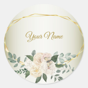 Pegatina Redonda Hojas de Verdor Nupcial Floral Rosa Geométrico Dor