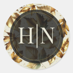 Pegatina Redonda Hojas Doradas Almendra Beige Crema Negro Boda de O