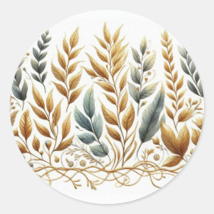 Pegatina Redonda Hojas grises marrones beige naturaleza acuarela en