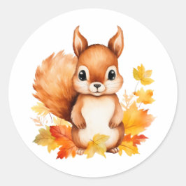 Pegatina Redonda Hojas otoñales personalizadas de ardilla animal pu