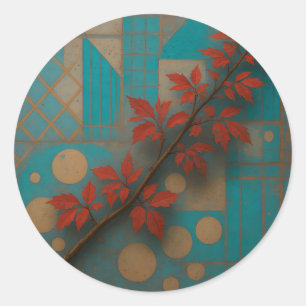 Pegatina Redonda Hojas rojas de otoño mosaico geométrico turquesa
