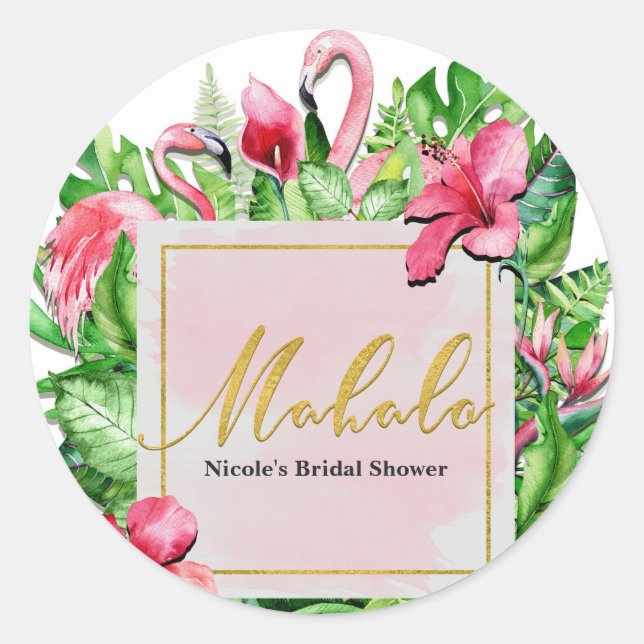 Pegatina Redonda Hojas tropicales Flamingos Mahalo Gracias Fiesta (Anverso)