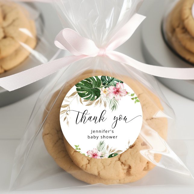 Pegatina Redonda Hojas tropicales monstera chica ducha de bebé (Subido por el creador)