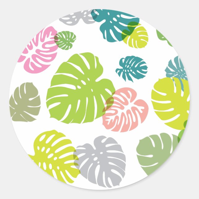 Pegatina Redonda Hojas tropicales multicolores (Anverso)