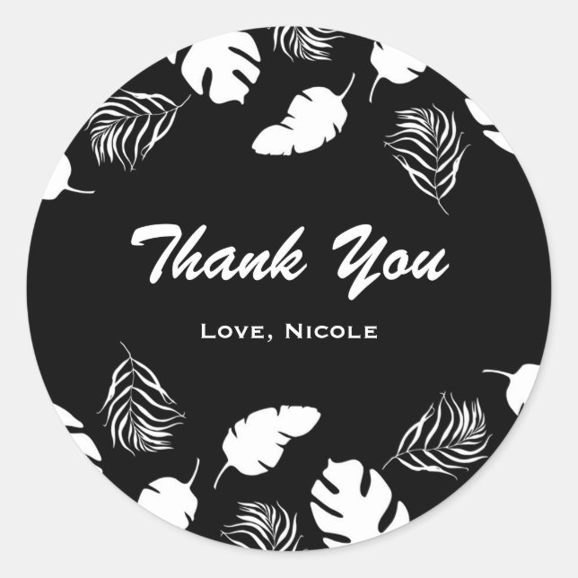 Pegatina Redonda Hojas Tropicales Negras y Blancas Fiesta Elegante  (Anverso)