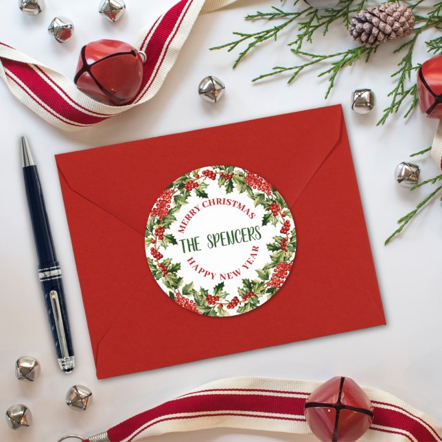 Pegatina Redonda Hojas y bayas de acebo de Navidad Feliz Navidad (Subido por el creador)