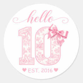 Pegatina Redonda Hola 10 Cumpleaños | Rosa Hola 10 Año Personalizad