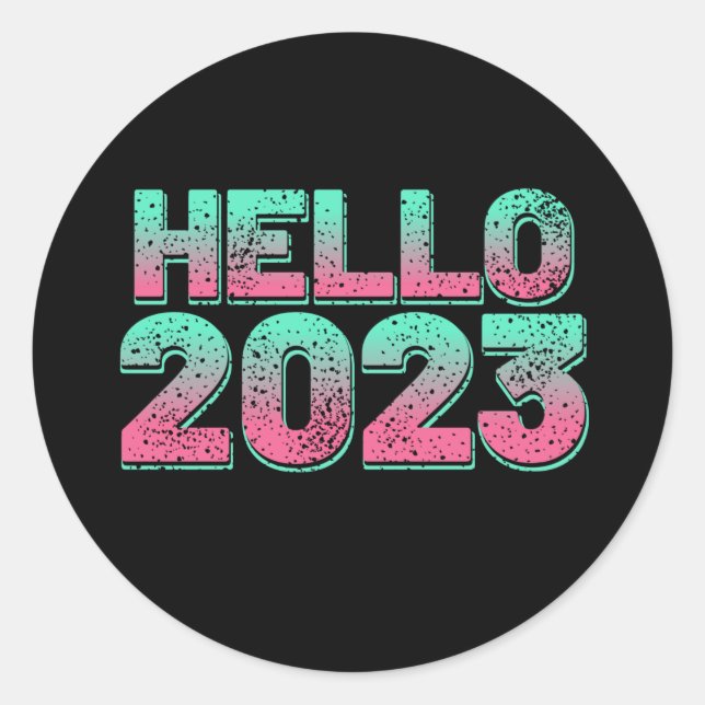 Pegatina Redonda Hola 2023. Feliz año nuevo al viejo estilo retro (Anverso)
