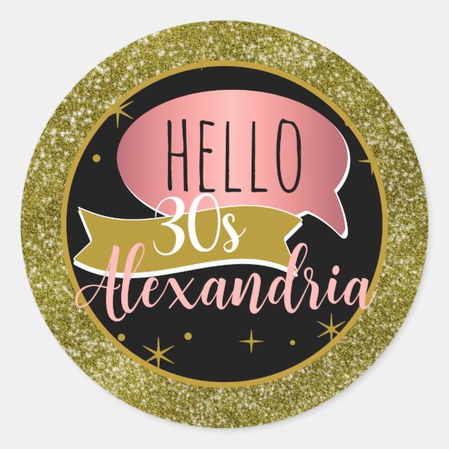 Pegatina Redonda hola 30 Cumpleaños personalizado número 30 de bril (Anverso)