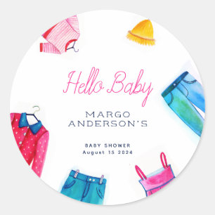 Pegatina Redonda Hola Baby Pink Blue Clothes Baby Shower