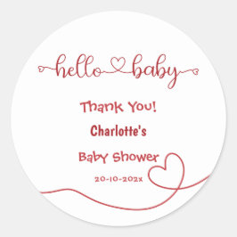 Pegatina Redonda Hola Baby Red Heart Minimal Baby Shower