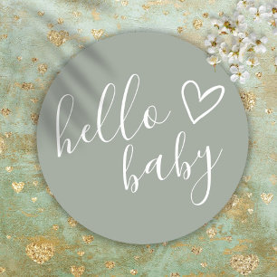 Pegatina Redonda Hola Baby Shower Género Neutral Boho Sage Green
