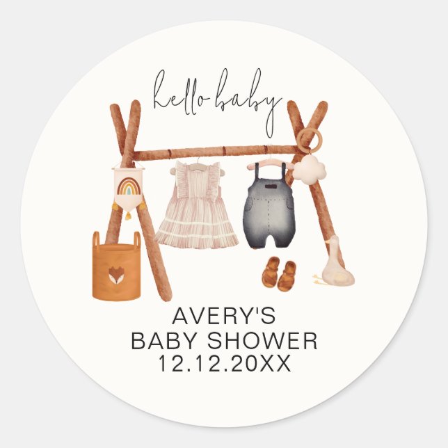 Pegatina Redonda Hola, bebé | Cute Boho Clothes Baby Shower (Anverso)