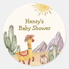 Pegatina Redonda Hola Bebé Deert Cactus Llama Cowboy Baby Shower