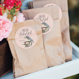 Pegatina Redonda Hola bebé Floral Bird en Baby Shower