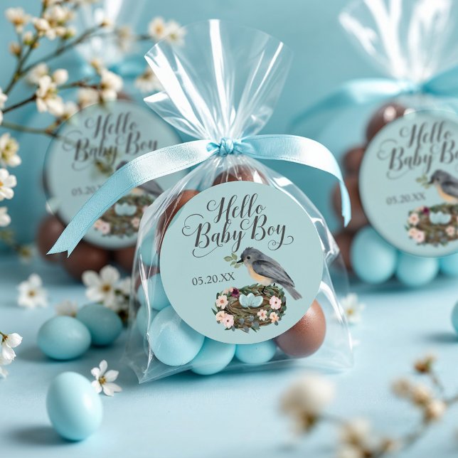 Pegatina Redonda Hola bebé Floral Bird en Baby Shower (Hello Baby Boy Floral Bird's Nest Baby Shower Classic Round Sticker)