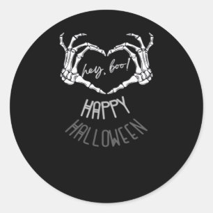Pegatina Redonda ¡Hola, Boo! Felices Halloween Skeleton Hand Heart