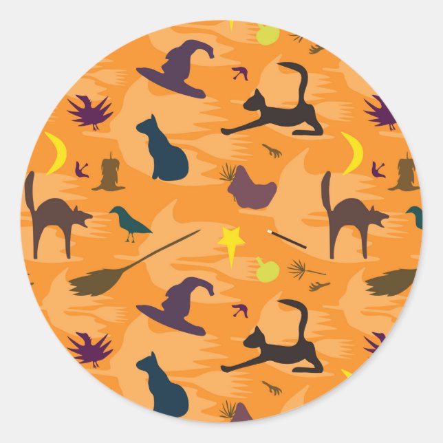 Pegatina Redonda Hola Bruja - sin fisuras patrón de Halloween. (Anverso)