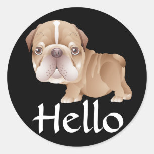 Pegatina Redonda Hola Cachorro de Bulldog Inglés Negro